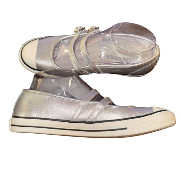 Converse Dainty Mary Jane Slip Strap Shoes Silver Metallic Sneakers Leather - Picture 5 of 5